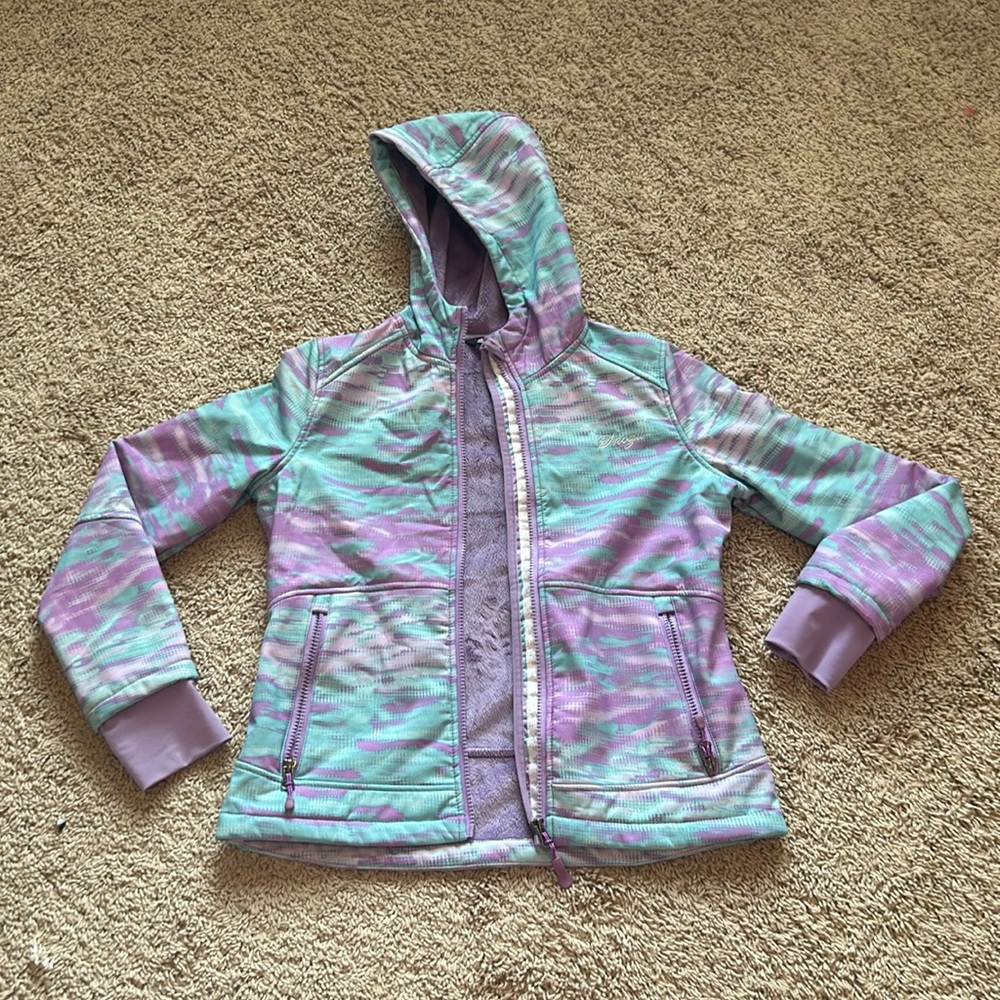 Blue and teal rain jacket with warm inside size 10/12